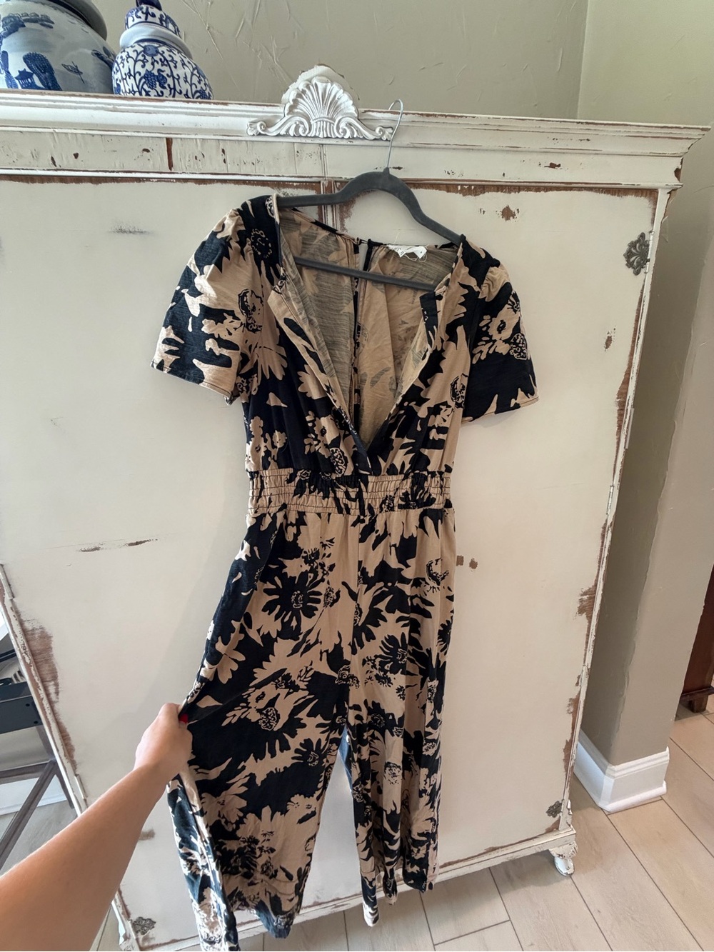 Anthropologie Black and Beige Floral Short-Sleeve Jumpsuit
